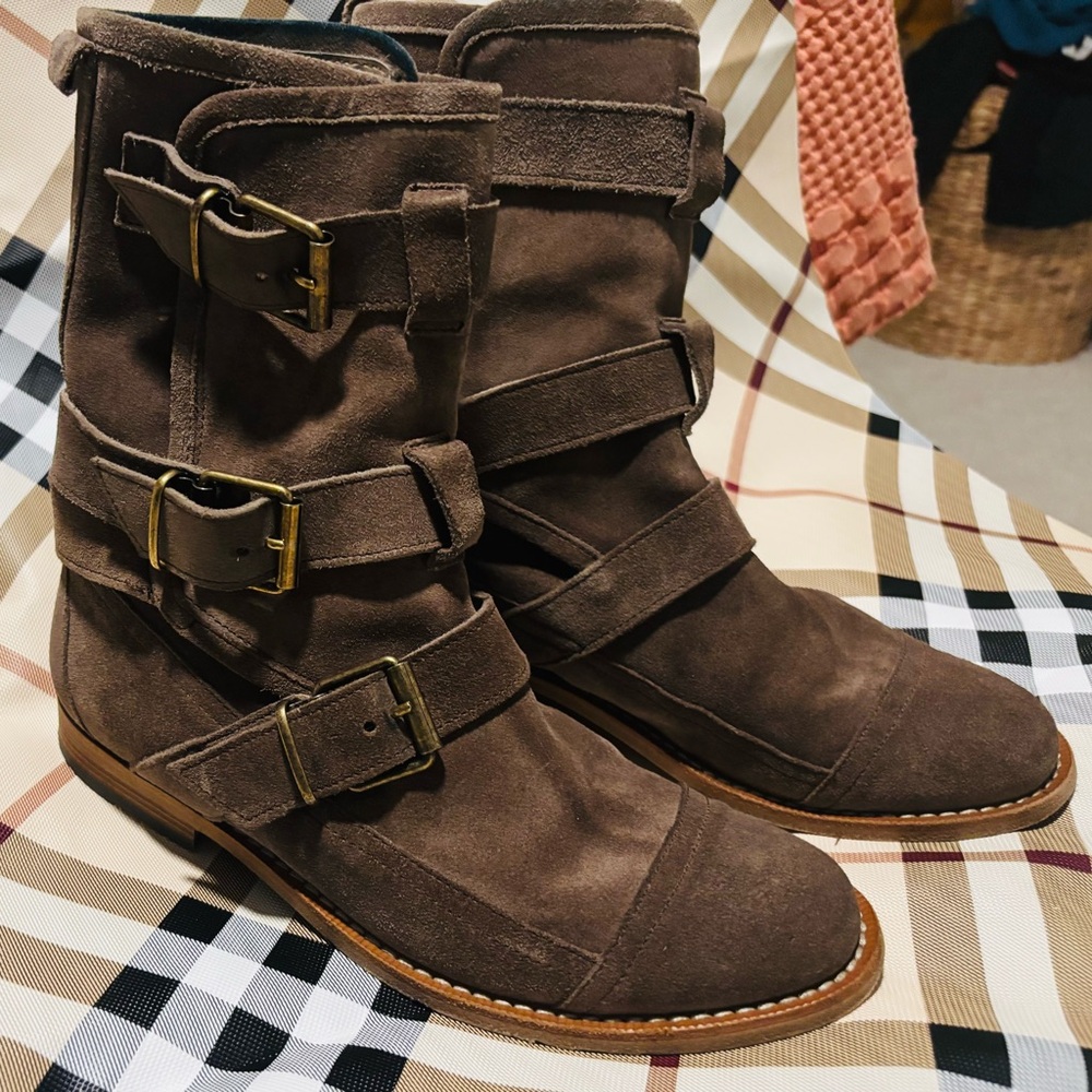 Burberry Soft Brown Suede Buckle Boots - light wear
